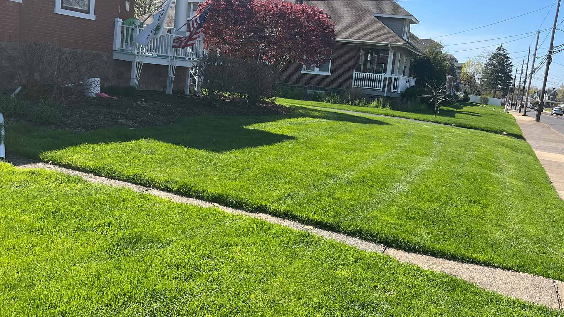 Home yard with healthy, green grass slanted towards a street in Perkasie, PA.
