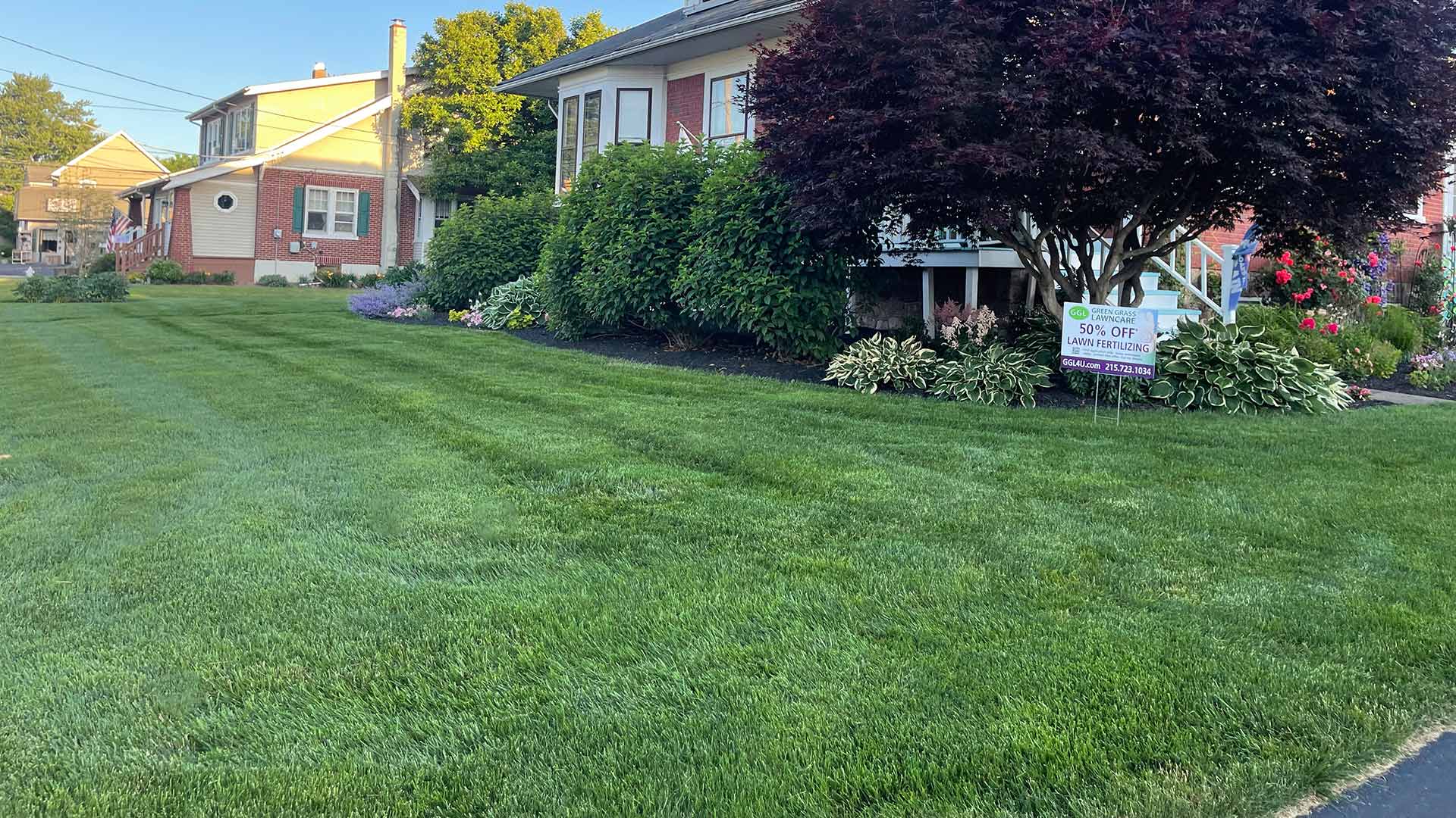 Side view of a yard in Warminster Township, PA with vivid green grass and bushes.