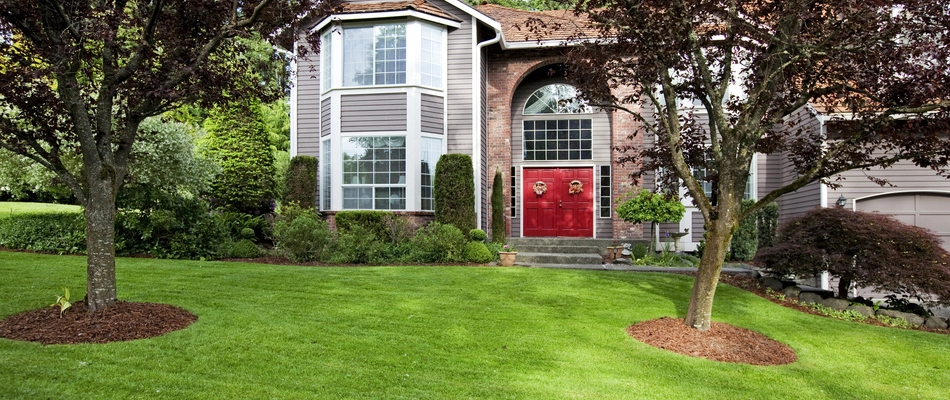 A large home with a red entrance door and a healthy green lawn in a Bally, PA neighborhood.