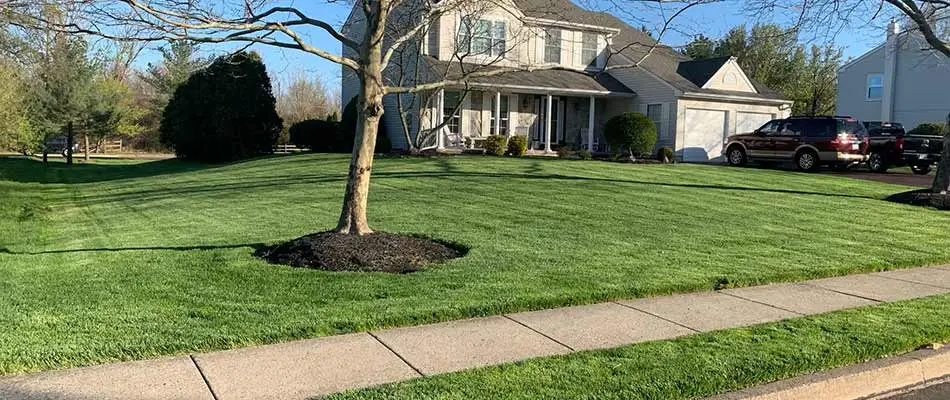 Pristine lawn with dark green grass near a home in Harleysville, PA.