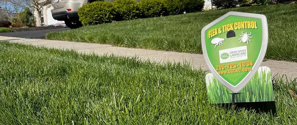 Flea and tick control sign in a yard outside Warminster Township, PA.